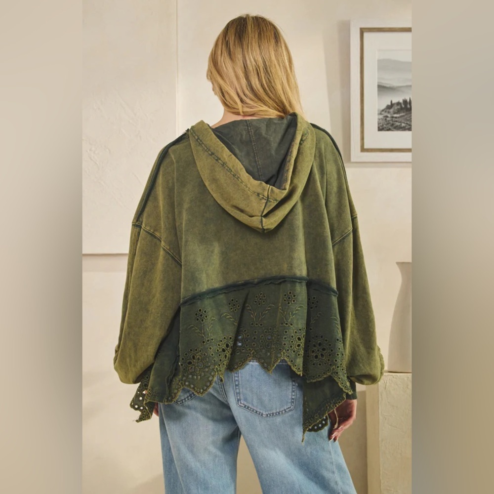 OLI & HALI Women’s Teal Green WASHED TERRY EYELET MIX SWEATSHIRT - Picture 7 of 7